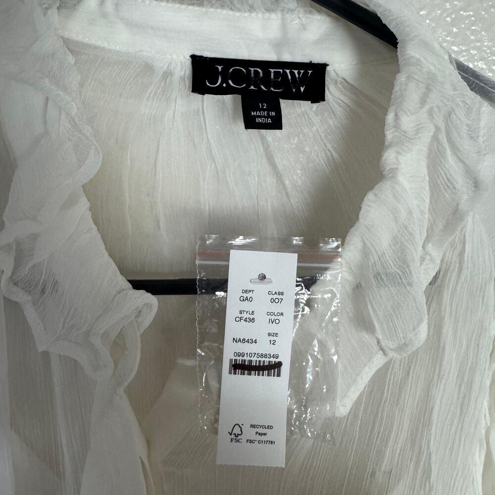 J.Crew Ruffle Button-Up Shirt WMNS Sz 12 White Crinkle Chiffon Sheer Long Sleeve - Picture 4 of 8